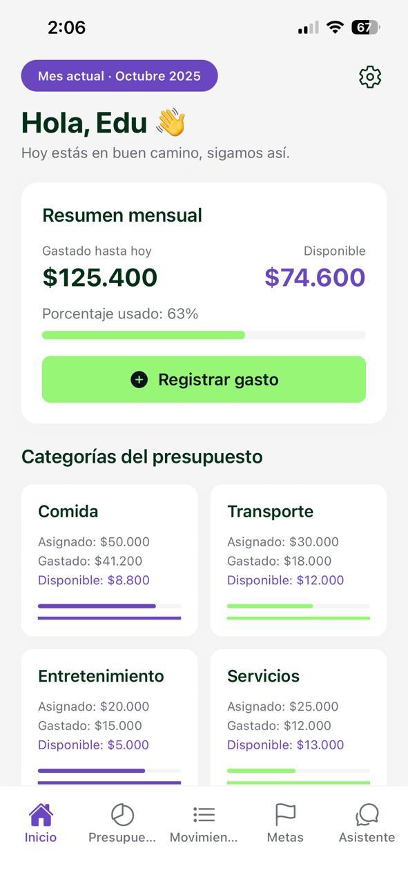 Pantalla de inicio de Finanzalia con resumen mensual, saldo y presupuestos de finanzas personales