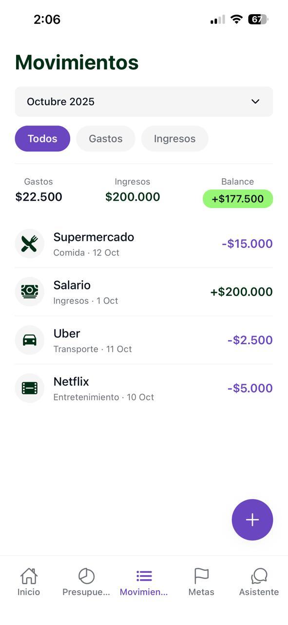 Historial de movimientos y gastos en Finanzalia con filtros y gráficos claros